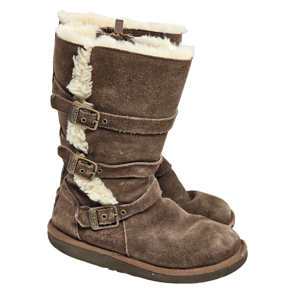 Kids UGG Australia Brown Suede Shearling‎ Lined Buckle Boots Size 3